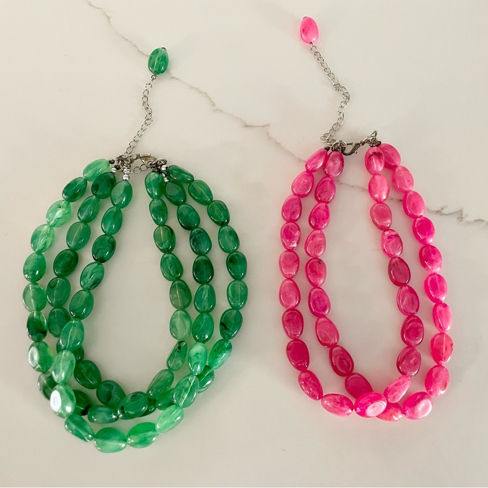 Pink and Green Beaded Necklaces - Set of 2